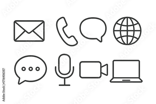 Minimalistic line icons for communication tools and devices, vector set of modern tech symbols, email, phone, chat, globe, microphone, video call, laptop, transparent background
