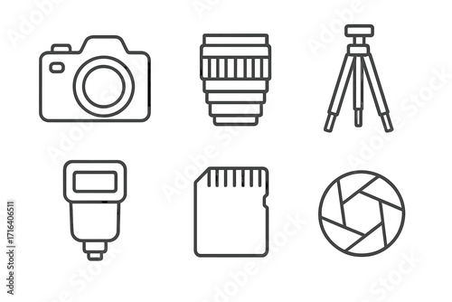 Photography equipment icons set including camera, lens, tripod, flash, memory card, shutter symbol in clean linear style, vector cartoon illustration with transparent background, ordered collection
