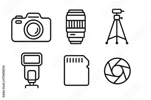 Photography equipment icons linear style. Camera, lens, tripod, flash, memory card, shutter. Vector cartoon illustration set with transparent background. Photography tools collection.