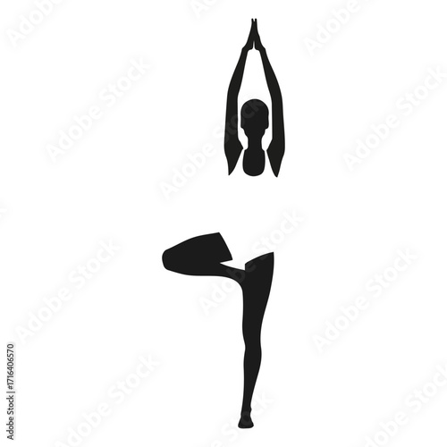 Minimalist silhouette of a person performing the vrksasana tree pose in yoga against a white background