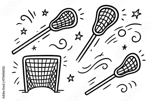 Lacrosse sport elements set in doodle style. Hand drawn vector cartoon illustration of stick, crosse, net, goal. Dynamic action lines for team game design, icon, sticker.