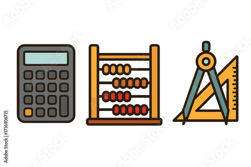 Educational math icon set. Calculator, abacus, geometry tools with compass and ruler. Flat design vector graphic for learning, school supplies, and mathematics concepts.