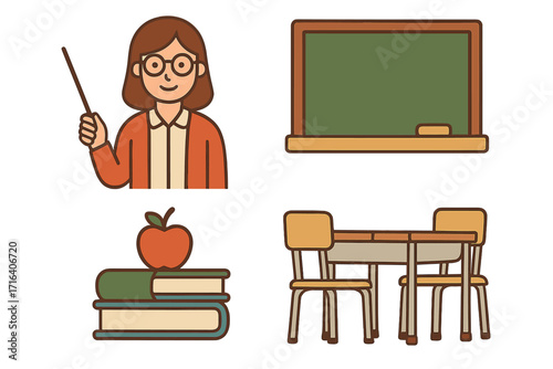 Education icon set. Back to school elements. Cartoon teacher with pointer. Classroom furniture, school desk. Chalkboard for lesson. Apple on books for knowledge concept.