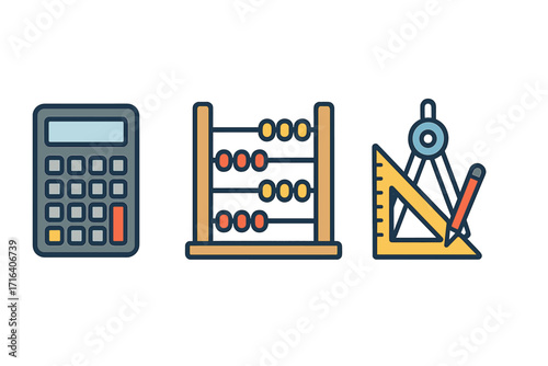 Educational icon set with calculator, abacus, and geometry tools. Vector flat style illustration for math, learning, and school subjects. Finance and business calculation symbols.
