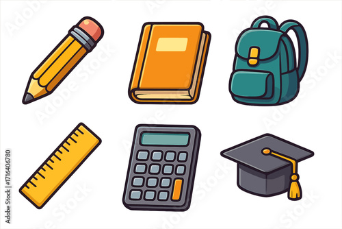 School icon set with pencil, book, backpack, calculator, ruler, and graduation cap. Cartoon vector illustration for education, learning, student supplies, and academic success concepts.