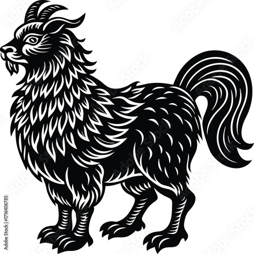 black goat-dog hybrid illustration, fantasy animal with detailed fur.