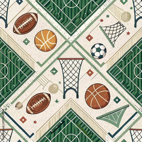 Seamless pattern of scoreboard elements and field lines in graphic style, bold white and green, for sports-themed backgrounds and athletic design
