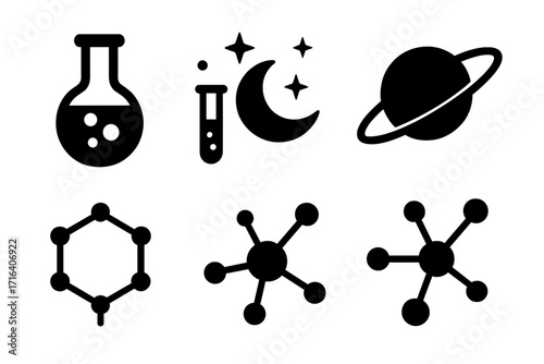 Science icons set of chemistry lab glassware, astronomy symbols with moon and stars, and molecular structures in black silhouette style, vector cartoon illustration on transparent background