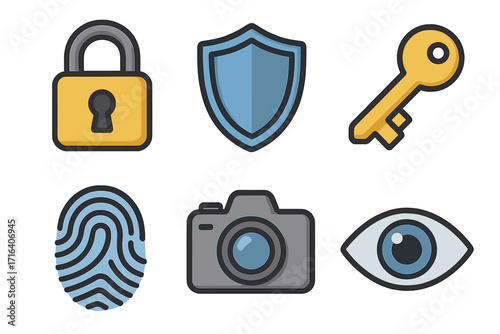 Security and privacy icons set with lock, shield, key, fingerprint, camera, and eye illustrations, vector cartoon style, transparent background, digital protection symbols collection