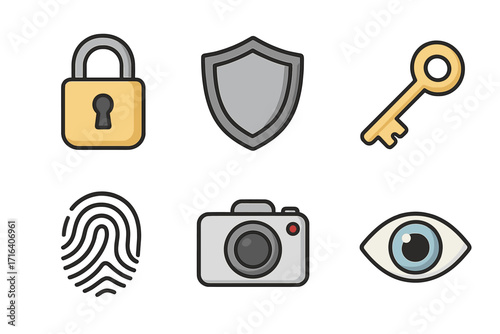 Security and privacy icons set with lock, shield, key, fingerprint, camera, and eye. Vector cartoon illustration, transparent background, protection and safety symbols collection.