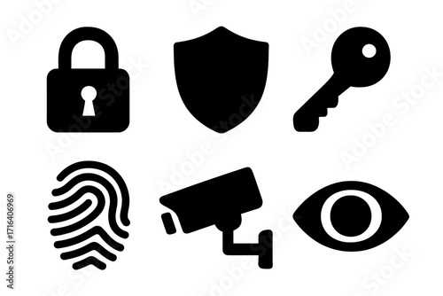 Security icons set lock shield key fingerprint surveillance camera eye vector illustration black silhouette style transparent background ordered collection