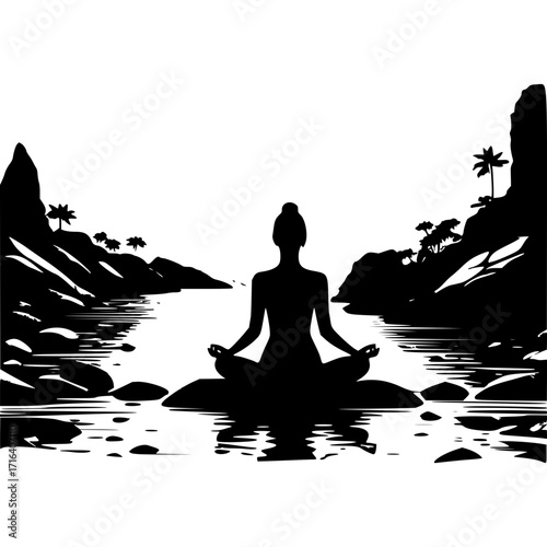 Silhouette yoga meditation woman beach peaceful zen mindfulness retreat art