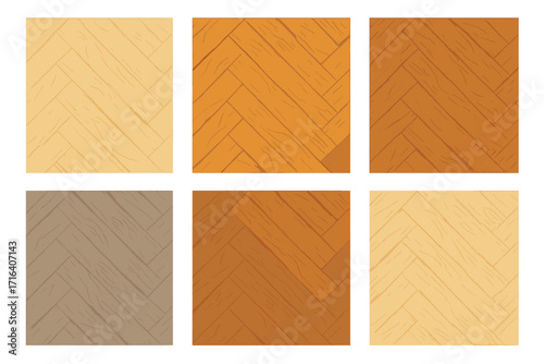 Set of six different wooden parquet floor textures, various warm tones, natural wood grain patterns, Scandinavian style flat vector illustration, interior design elements, flooring textures collection