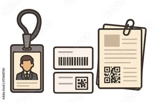 Professional ID card and document vector set. Employee identification badge with lanyard, security access pass with QR code and barcode for corporate business. Flat design icons.