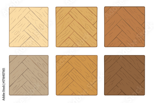 Set of six wooden parquet floor textures in different colors, Scandinavian style hand-drawn vector illustrations, interior design elements, flooring options, wood grain patterns, flat design