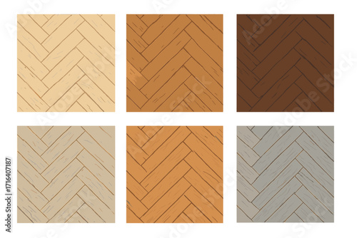 Set of six wooden parquet floor textures in various natural wood colors for interior design and construction, Scandinavian hand-drawn style flat vector illustration, flooring elements collection