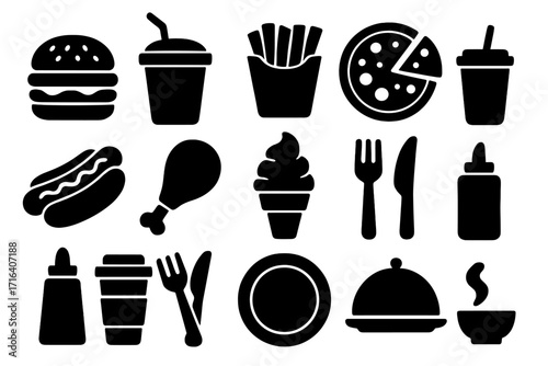 Silhouette icons of fast food and dining essentials black and white vector set, burger, fries, pizza, hot dog, chicken leg, ice cream cone, cutlery, beverages, condiments, coffee cup, plate, cloche
