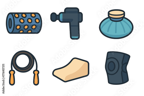 Set of flat fitness recovery tool icons. Vector illustration of massage gun, roller, ice pack, jump rope, foam wedge, and knee brace for physical therapy & muscle relief.