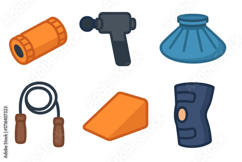 Fitness recovery tools icon set for muscle therapy and pain relief. Vector illustration of massage gun, foam roller, ice pack, knee brace, slant board, and a jump rope.