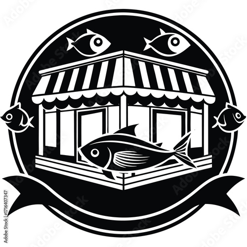 Vibrant seafood restaurant illustration featuring a stylized fish and oceanic elements in a clean vector design