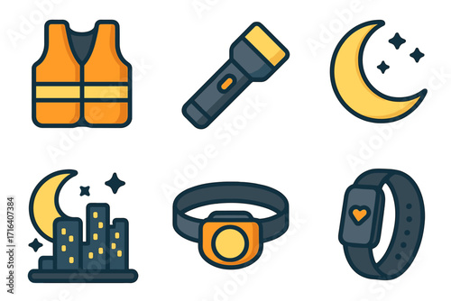 Night running safety icon set. Gear for jogging and work in the dark. Vector icons of flashlight, headlamp, reflective vest, fitness tracker, and urban nightscape illustration.