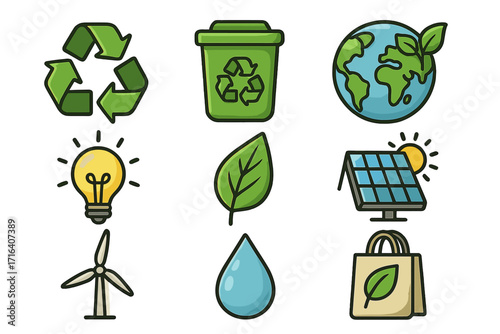 Sustainability Icons Set with Recycling, Renewable Energy, Solar Power, Wind Turbine, Eco-Friendly Shopping, Earth Conservation, Green Leaf, Water Drop, Light Bulb Symbols, Vector Eco Illustration