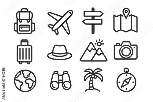 Travel icons collection minimalist black outline for modern adventures, vector cartoon illustration set with transparent background, ordered travel symbols for exploration and vacation