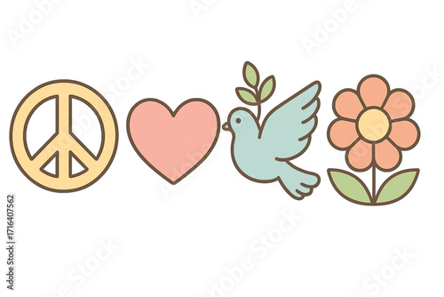 Peace, love, and flower power concept. Set of retro hippie symbols including a peace sign, heart, dove with an olive branch, and flower icon. Groovy 60s 70s vector.