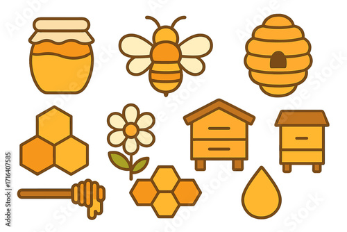 Honey and bee icons collection. Flat design vector cartoon illustration set. Includes beehive, honeycomb, apiary, flower, jar, and dipper. Natural sweet food concept.