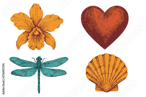 Trendy vintage summer collage set with orchid flower, heart shape, dragonfly, and seashell halftone grunge elements, organic retro shapes for mixed media design, modern punk style