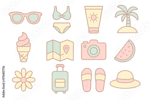 Flat summer vacation travel icon set. Beach essentials collection. Vector cartoon illustration with suitcase, camera, sunglasses, bikini, sunscreen, map, hat, ice cream.