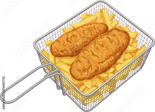 Fish and chips in fryer basket with two fried fish fillets and fries isolated vector icon