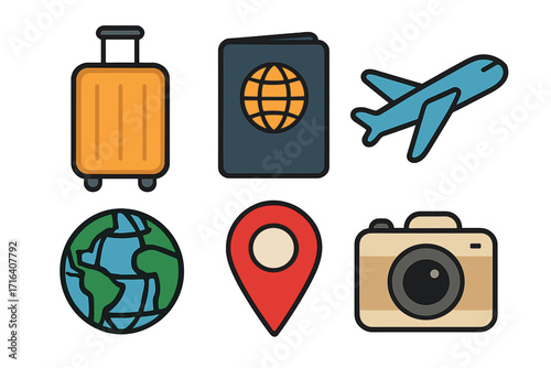 Travel icon set for vacation and tourism. Flat cartoon vector illustration of luggage, passport, airplane, globe, location pin, camera. Adventure and journey concept design elements.