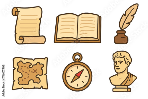 Ancient history and knowledge icon set. Vector cartoon collection with scroll, book, quill, treasure map, compass, and classic bust. For education, literature, exploration.
