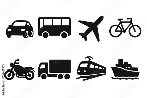 Silhouette icons of various transport modes vector set with car, bus, airplane, bicycle, motorcycle, truck, train, and ship modern design transparent background