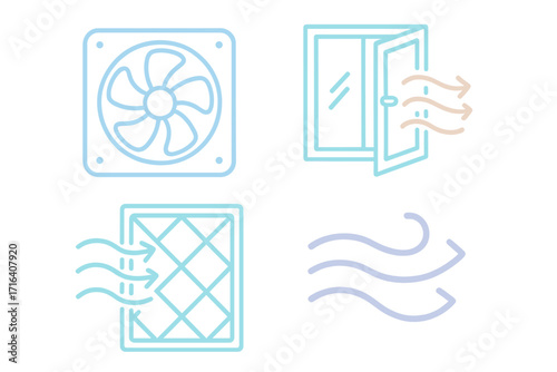 Set of home ventilation icons in linear pastel design. Fan, window, air filter, airflow. Vector illustration for air circulation, conditioning and purification system. HVAC concept.