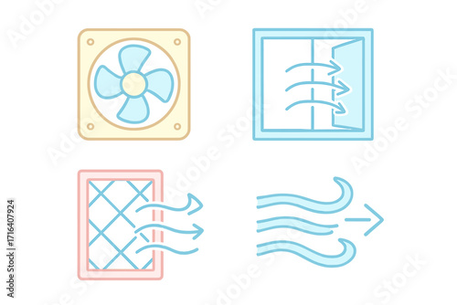 Home ventilation icon set in pastel linear design. Includes fan, open window, air filter, and airflow symbols. Vector cartoon illustration for HVAC, air quality, and circulation concepts.