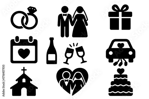 Wedding icons set with engagement rings, bride and groom couple, celebration elements, gift box, heart calendar, champagne bottle, toasting glasses, wedding car, church, and cake silhouette vector