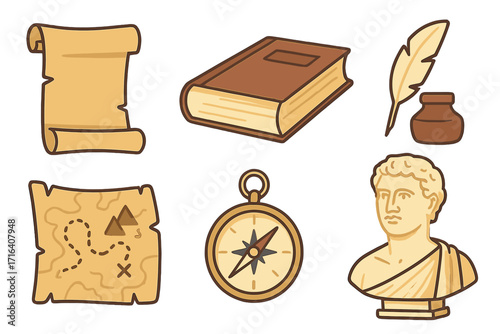 Flat vector icon set of historical and educational items. Includes ancient scroll, book, quill and ink, treasure map, compass, and classical bust. For history, literature, and discovery.