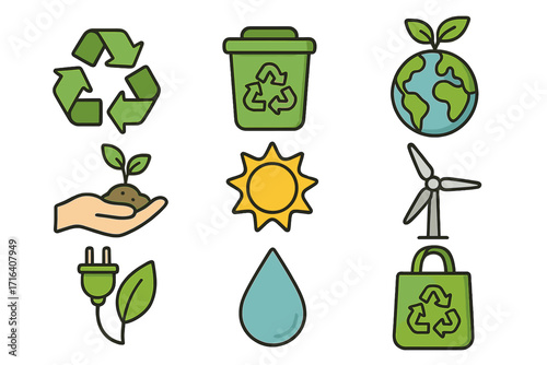 Sustainable icons set with recycling symbols, renewable energy, eco-friendly concepts, green earth, solar power, wind turbine, clean water, environmental protection, vector cartoon illustration