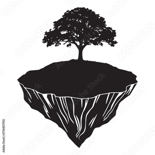 Silhouette of a lush tree growing on a floating island with exposed roots against a white background
