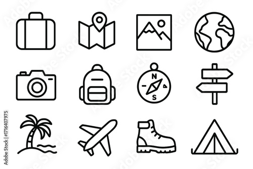 Minimalist travel icons collection with suitcase map pin photo globe backpack compass sign palm tree airplane boot tent vector outlines for modern adventure exploration tourism journey