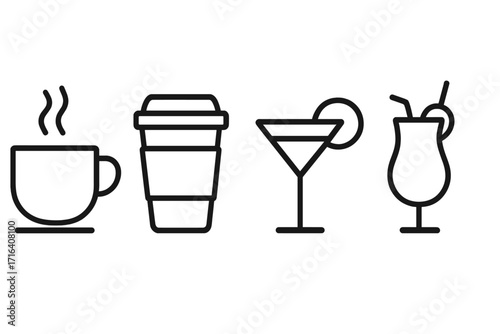 Beverage icon set with coffee and cocktail elements. Vector line art illustration for cafe and bar menu. Hot drink, tea cup, to-go paper cup, and alcohol glass symbols.