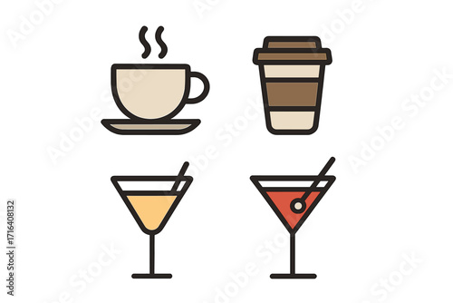 Minimalist beverage icons set with coffee and cocktail elements. Vector cartoon illustration for cafe, bar menu. Hot drink, alcohol, martini glass symbols. Flat design graphic.