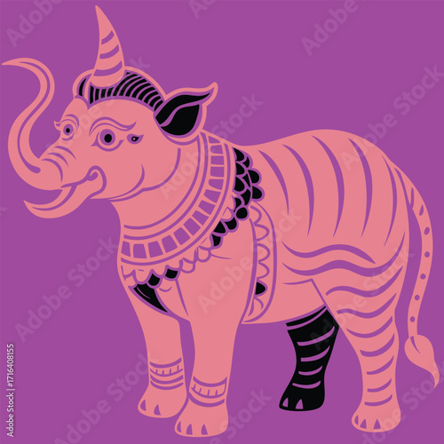 pink elephant with single horn and decorative necklace on purple background.nk elephant with single horn and decorative necklace on purple background.