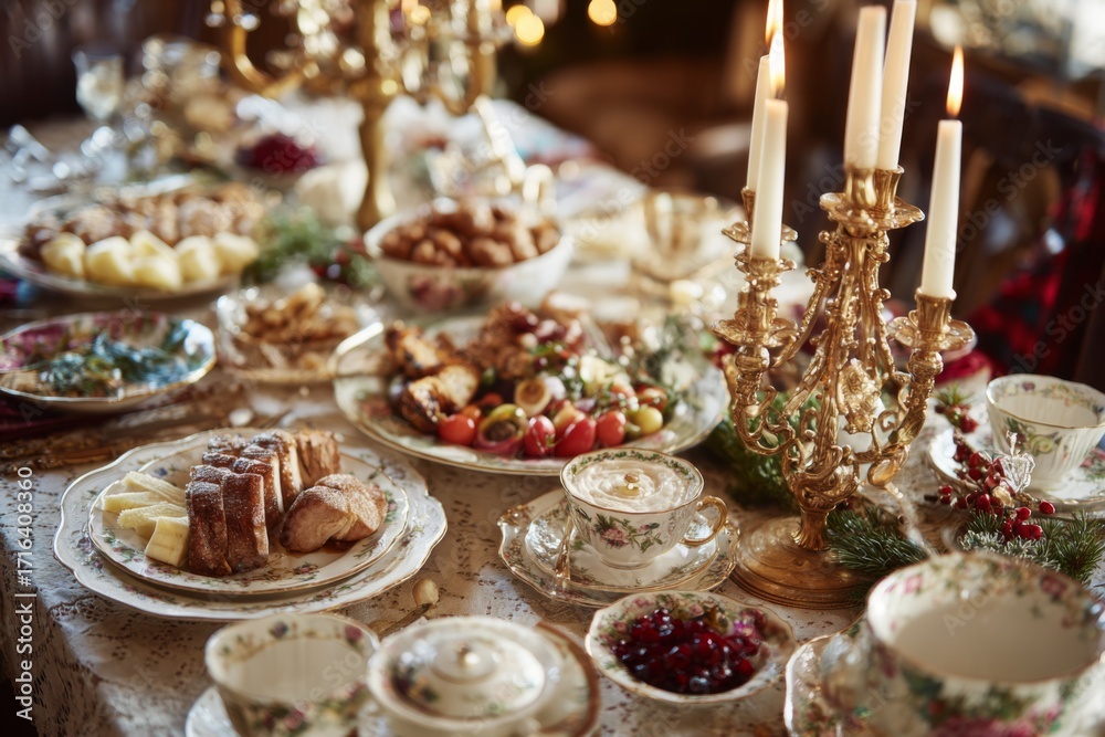 Naklejka premium Table is set with plates and cups, including food dishes with salad and fruit, along with a candelabra.