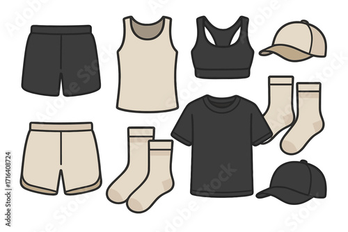 Activewear clothing set. Minimalist sportswear collection with shorts, tops, socks, and hat. Vector flat design for gym, fitness, and training apparel. Unisex workout gear.