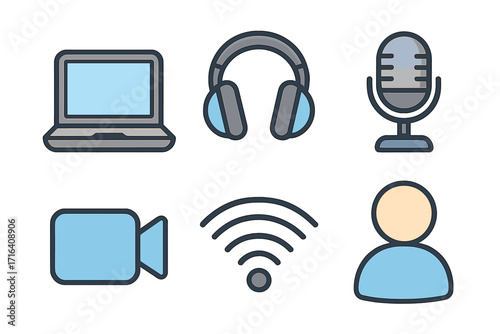 Modern technology communication icon set. Vector cartoon illustration of laptop, headphones, microphone, video camera, wifi signal and user symbol for web, app, podcasting.