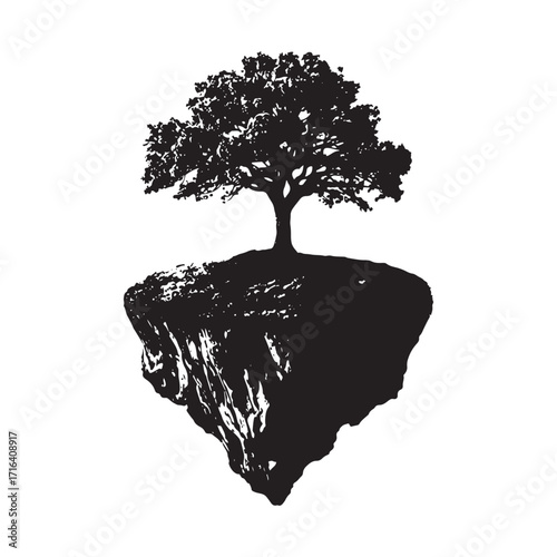 Silhouette of a solitary tree growing on a floating island against a stark white background symbolizing nature and fantasy