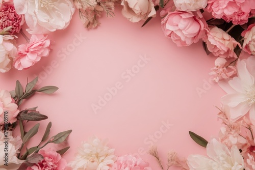Floral Frame in Pink Hue: Soft focus, pastel flowers, a charming frame, perfectly encircling an inviting empty space, evokes a sense of gentle beauty.